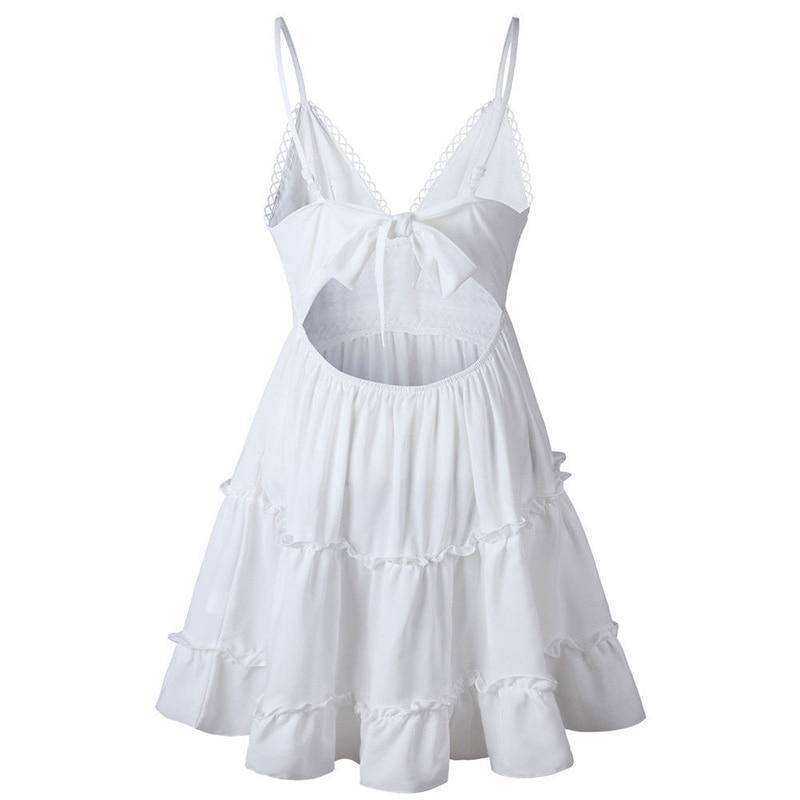 New V Neck Lace Backless Spaghetti Strap Summer Dress