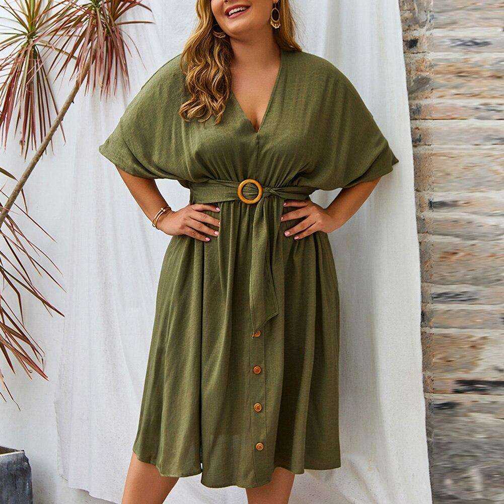 Women Autumn Plus Size 4XL V Neck Pure Color Full Sleeve Dress