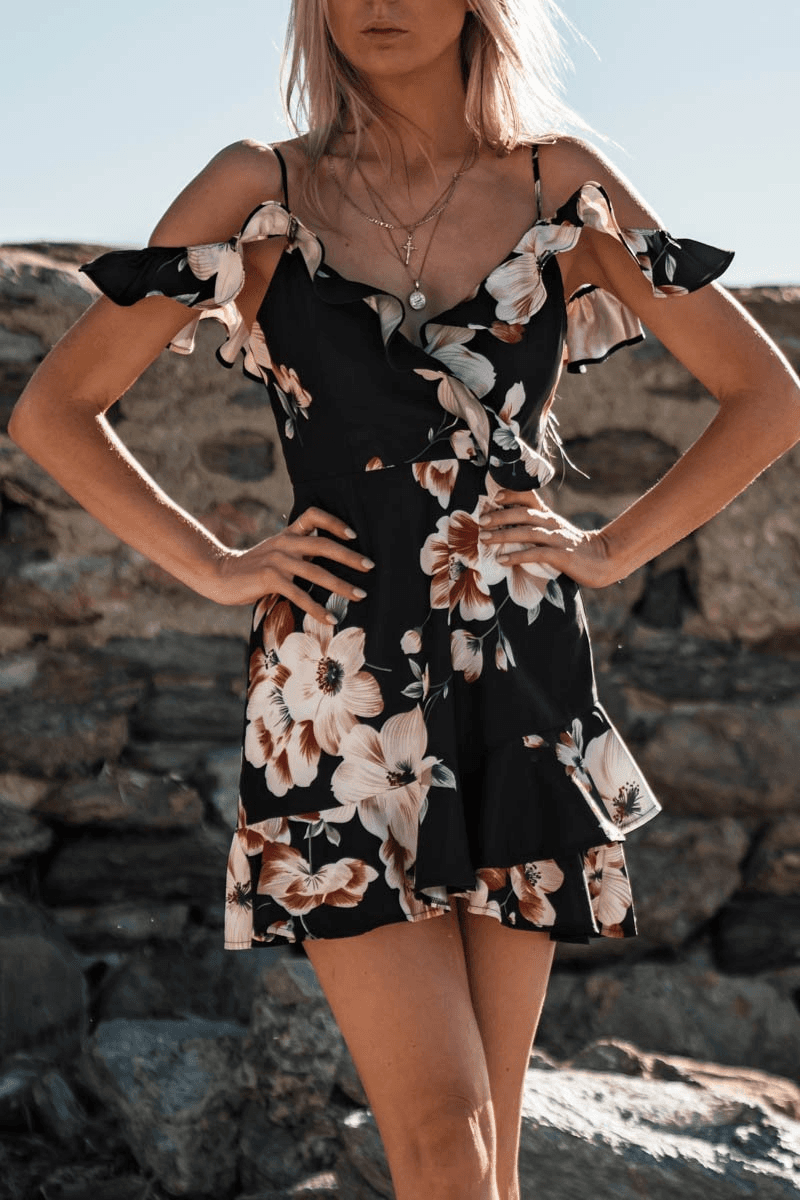 Off Shoulder Floral Chiffon  Dress
