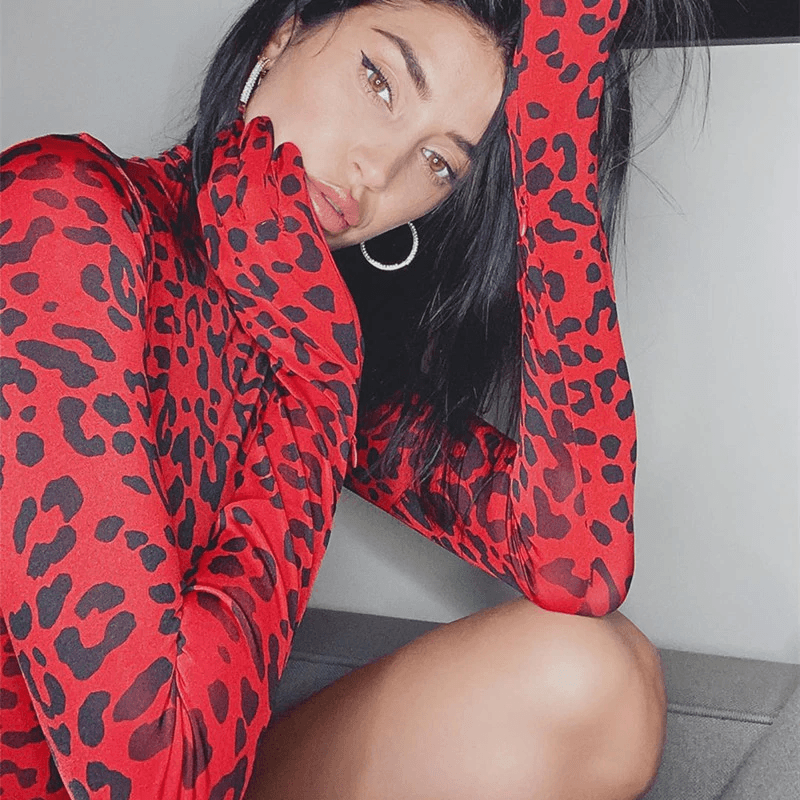 Red Leopard Print Turtleneck Bodysuit with Gloves Autumn Skinny Body Long Sleeve