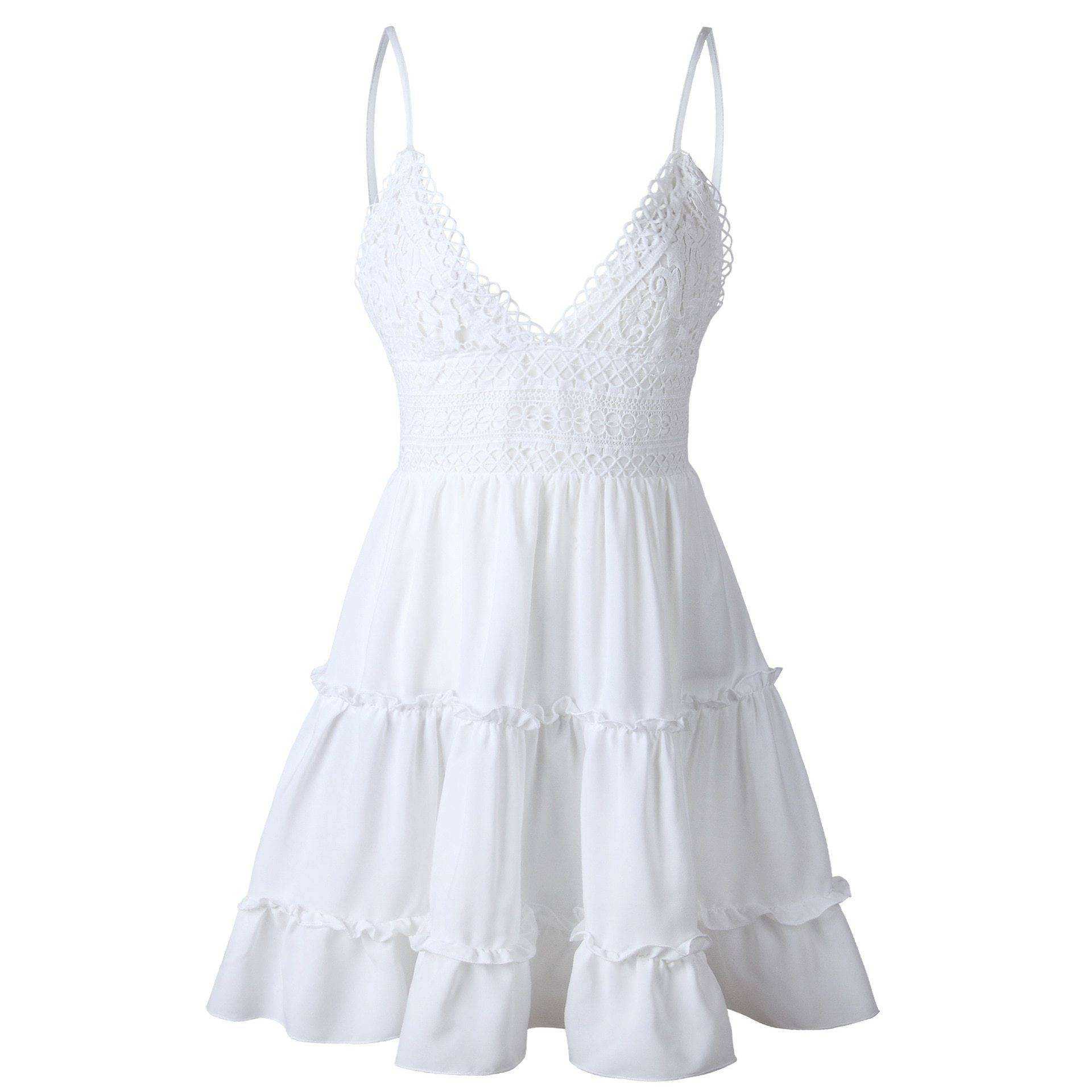 New V Neck Lace Backless Spaghetti Strap Summer Dress