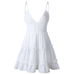 New V Neck Lace Backless Spaghetti Strap Summer Dress