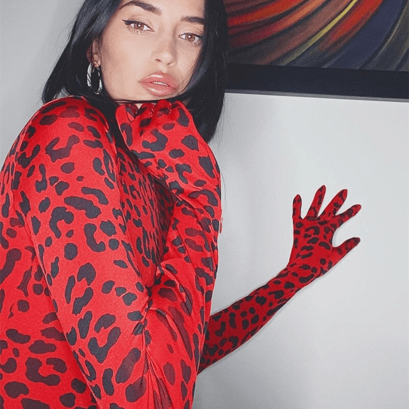 Red Leopard Print Turtleneck Bodysuit with Gloves Autumn Skinny Body Long Sleeve