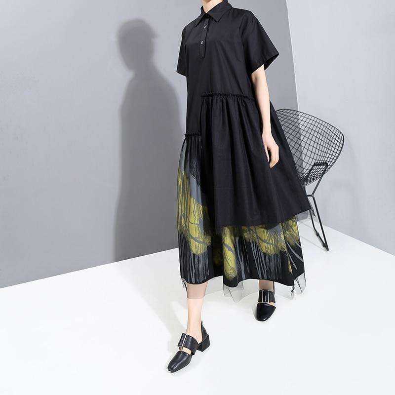 Painted Style Women Black Long Shirt Casual Dress