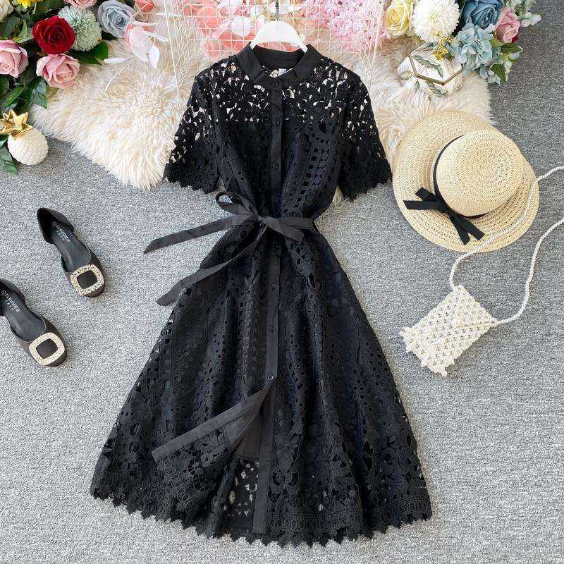 Women Elegant Hollow Out Lace Dress Solid O-Neck Button up Sashes