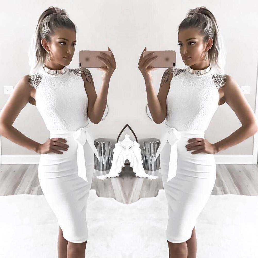 White Lace Slim Pencil O-Neck Women Midi Dress