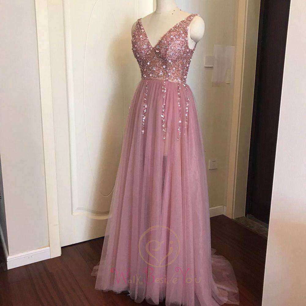 Pink High Split Tulle Sweep Sleeveless A-line Lace Up Backless Evening Gown