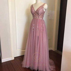 Pink High Split Tulle Sweep Sleeveless A-line Lace Up Backless Evening Gown