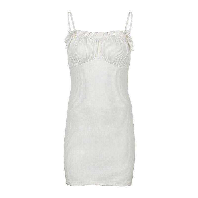 Aesthetic White Mini Dress Spaghetti Strap Bow Ruched
