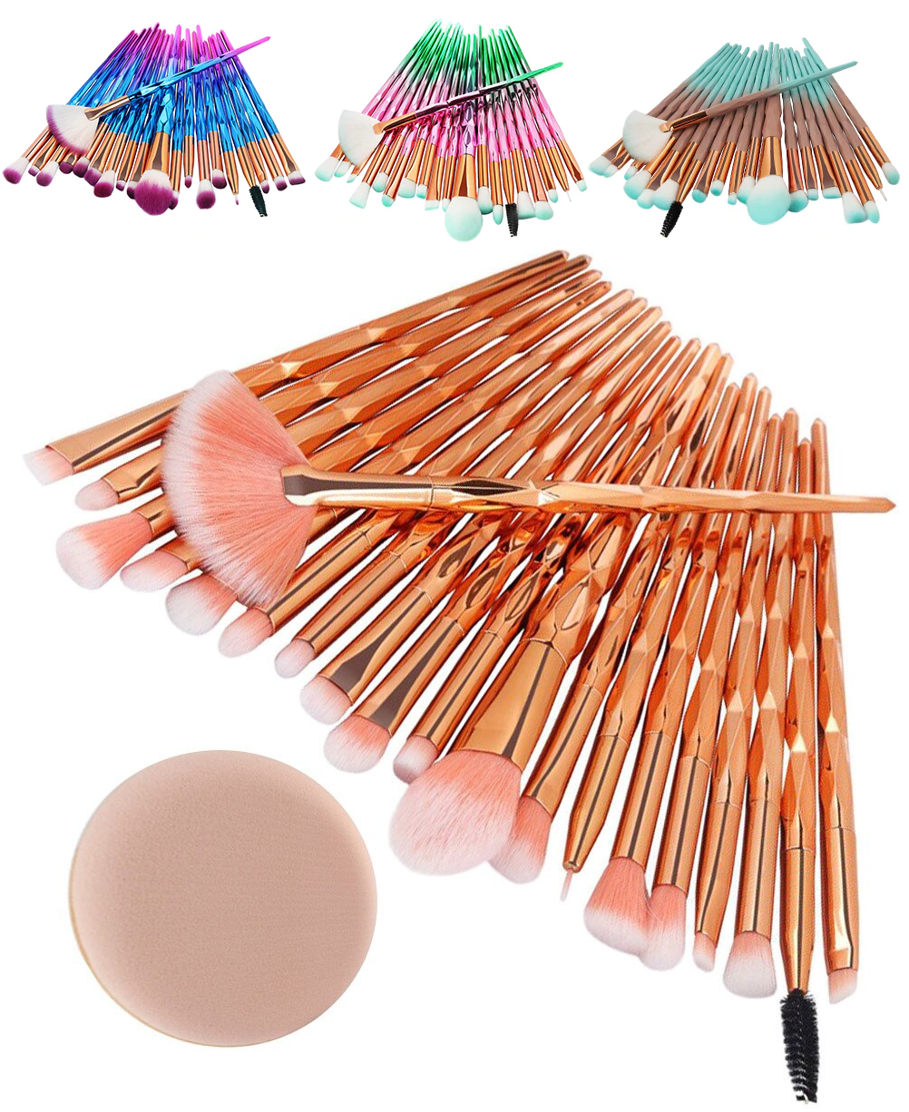 20Pcs Aesthetic Diamond Makeup Brushes with Powder Pouf Set