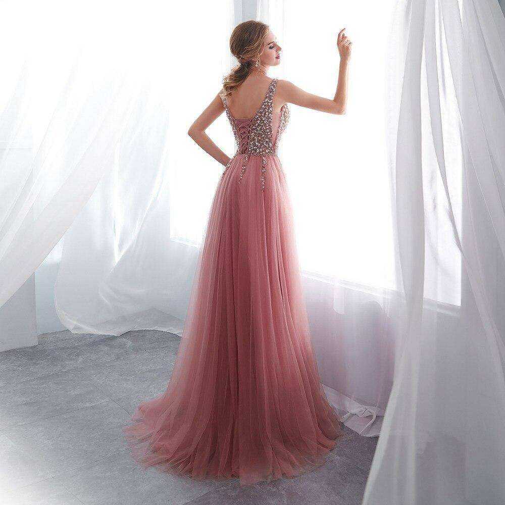 Pink High Split Tulle Sweep Sleeveless A-line Lace Up Backless Evening Gown