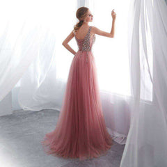 Pink High Split Tulle Sweep Sleeveless A-line Lace Up Backless Evening Gown