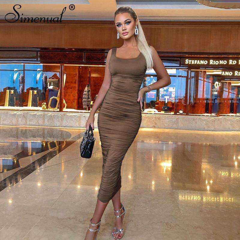 Women Fashion Ruched Sleeveless Skinny Hot Midi Dress