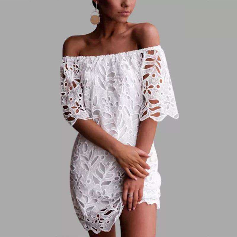 Women's Lace Crochet Boat Neck Off Shoulder Short Sleeve White Dress