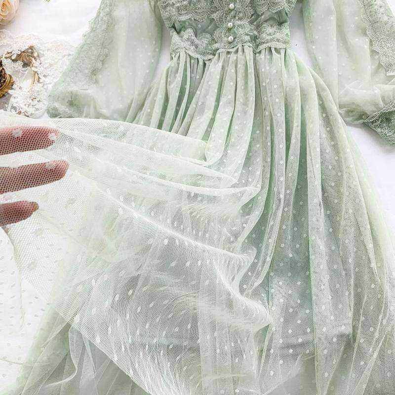 Sweet Tulle Long Sleeve V Neck Polka Dot Bohemian Slim Fairy Dress
