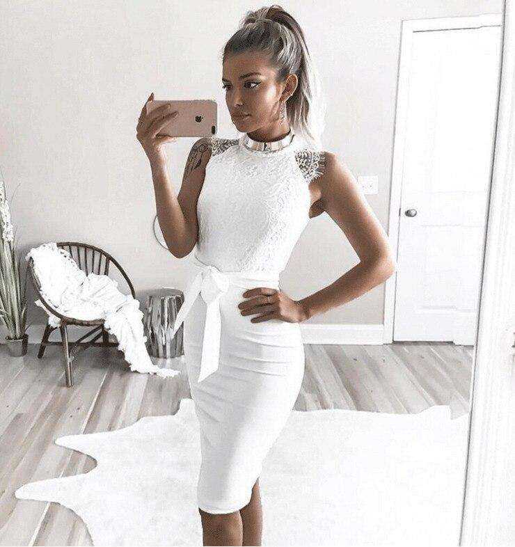 White Lace Slim Pencil O-Neck Women Midi Dress