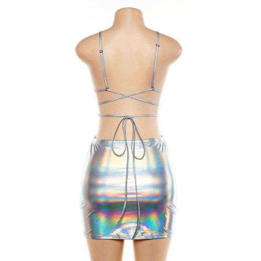 Silver Glitter Lace-Up Camisole Skirts Set