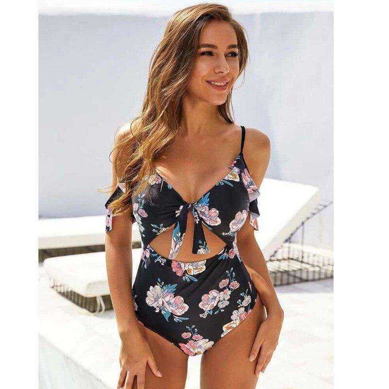 Sexy Black Floral Front Tie High Waist Off Shoulder Swimsuit Monokini One Piece
