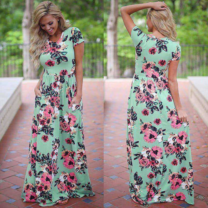 Women's Long Short Sleeve Bohemian Floral Printed Maxi Long Dress