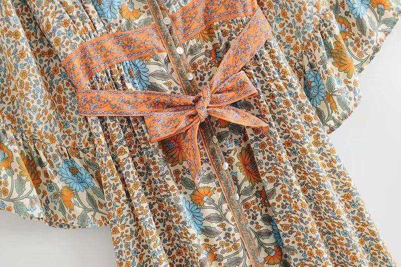 Vintage Floral Print  Single Breasted Bohemian Maxi Dress