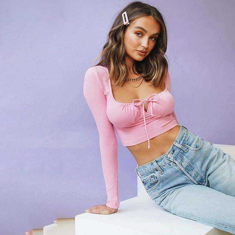 Women's Elastic Party Sweet Bandage Long Sleeve Cropped Shirt