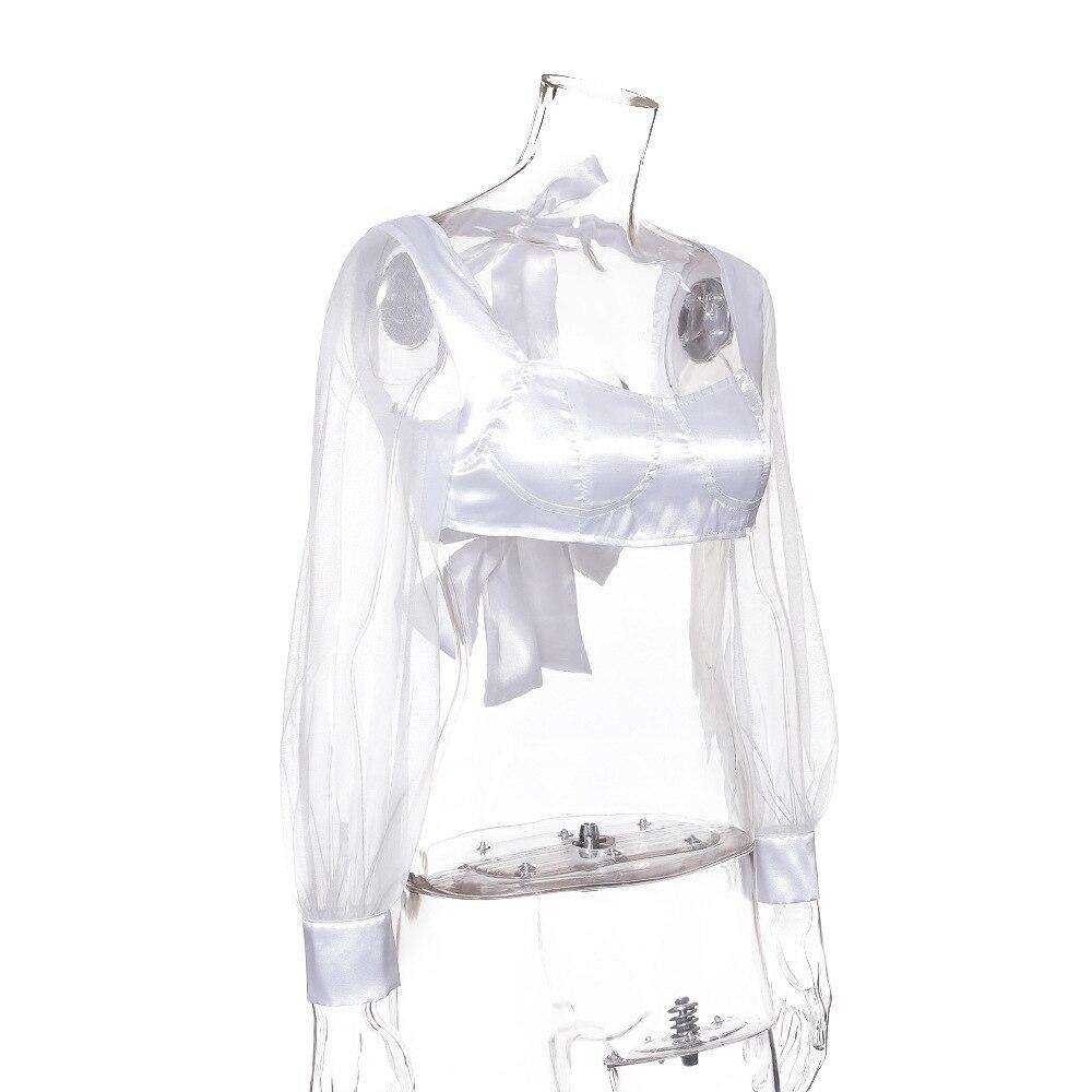 Mesh Long Sleeve Crop Top White Lace Up Backless