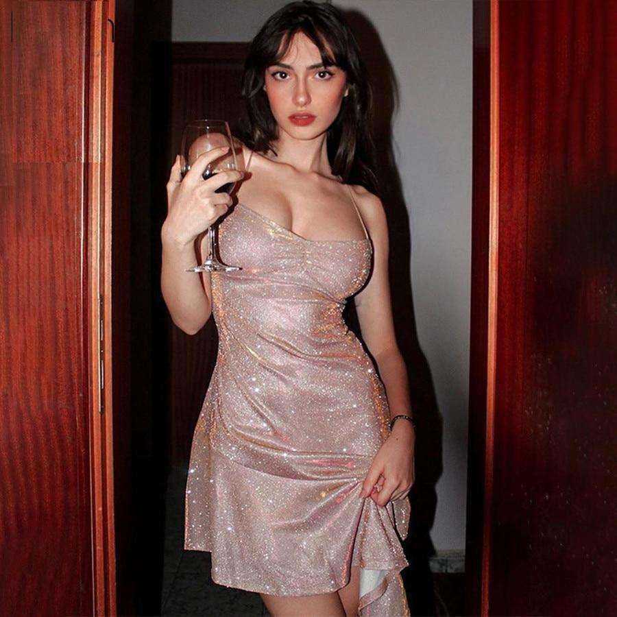 Sexy Spaghetti Strap Silk Glitter Asymmetrical Mini Dress