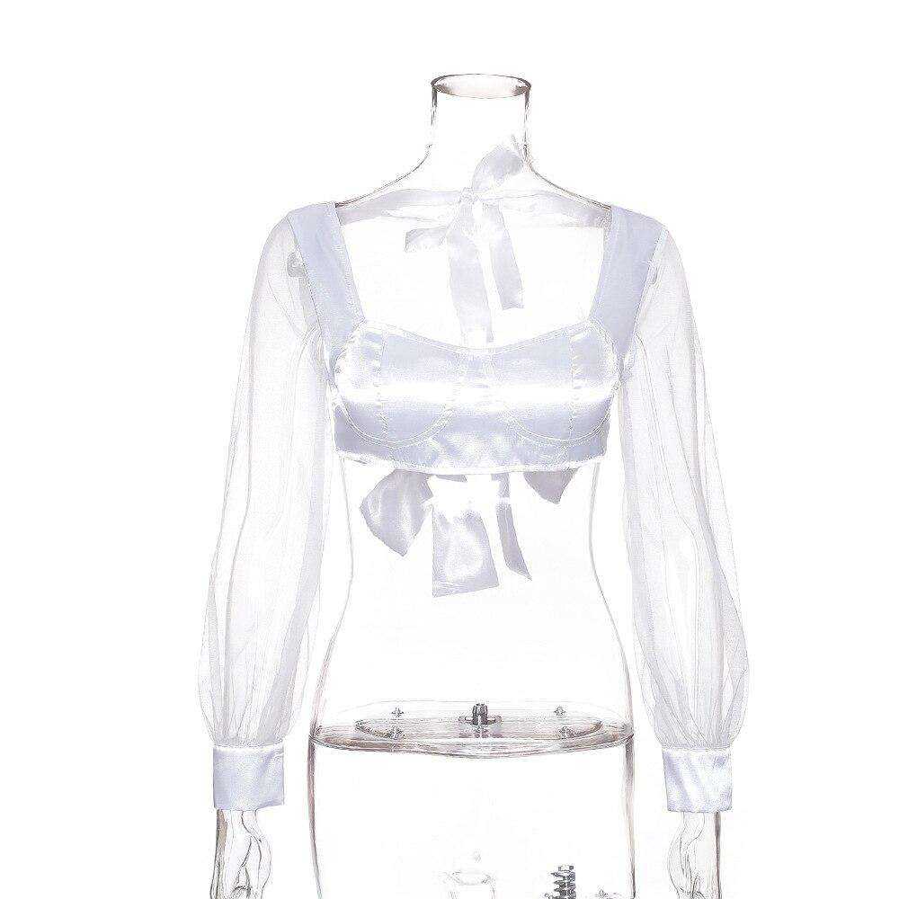 Mesh Long Sleeve Crop Top White Lace Up Backless