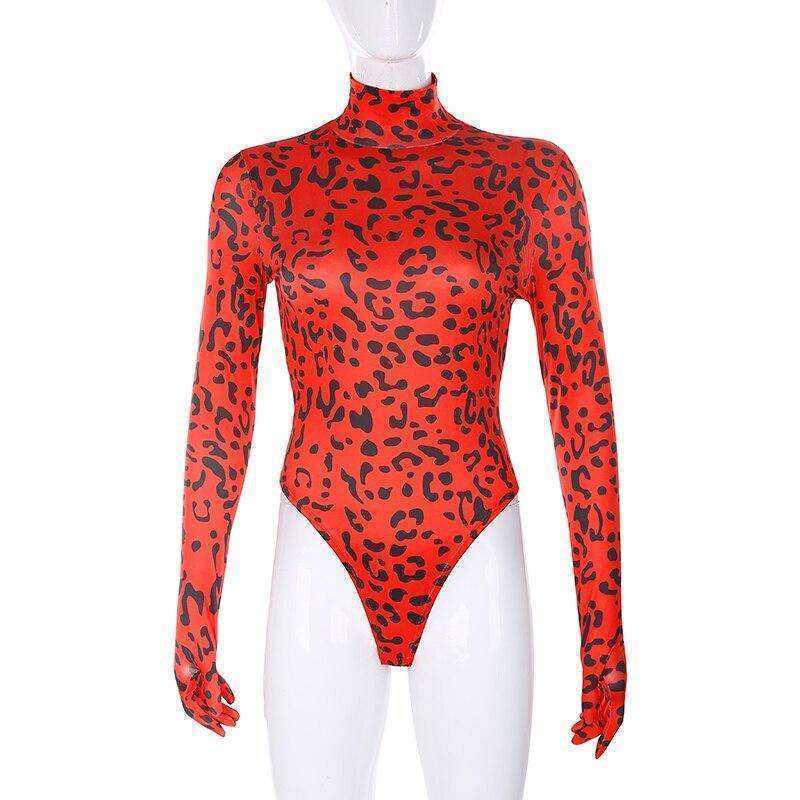 Red Leopard Print Turtleneck Bodysuit with Gloves Autumn Skinny Body Long Sleeve