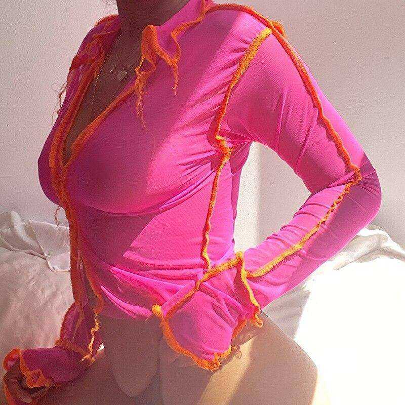 Aesthetic Neon Mesh See Through Long Sleeve Stripe Patchwork Crop Tops