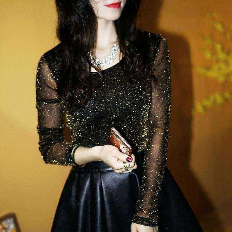 Mesh Long Sleeve Transparent Shining Elegant Shirt Women Tops