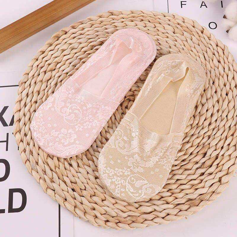 1/2 Pairs Women Girls Lace Flower Short Socks Anti-skid Invisible Ankle Sock Slippers
