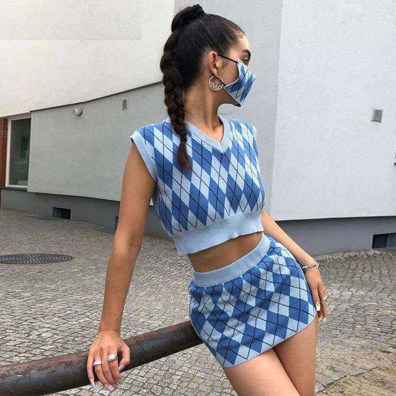 Aesthetics Tank Tops and Mini Skirt Suit Knitted E-girl Sleeveles