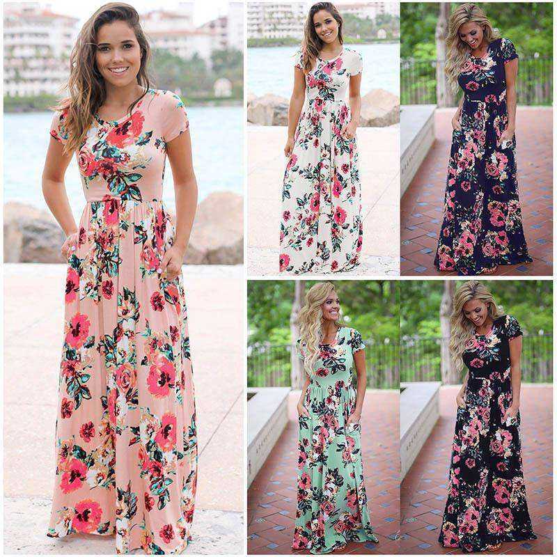 Women's Long Short Sleeve Bohemian Floral Printed Maxi Long Dress