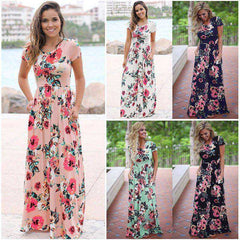 Women's Long Short Sleeve Bohemian Floral Printed Maxi Long Dress