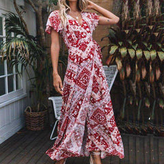 V Neck Aesthetic Sundress Floral Print Boho Long Sleeve Dress Deep Split Maxi