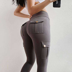 Solid High Waist Push Up Polyester Workout Fitness Women Leggings With Pocket