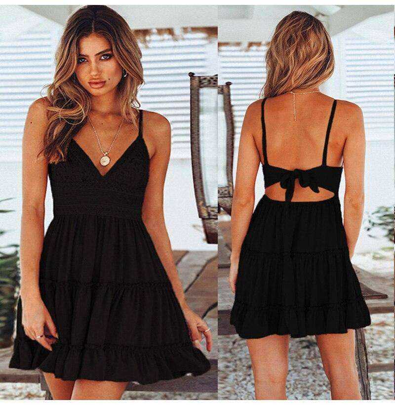 New V Neck Lace Backless Spaghetti Strap Summer Dress