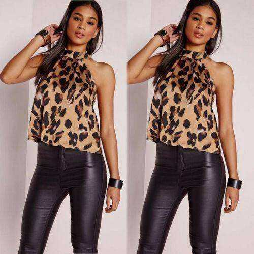Women Sexy Leopard Print Shirts Halter Sleeveless Tops