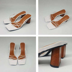 Wood Vintage Square Toe Narrow Band Women High Heel Sandals