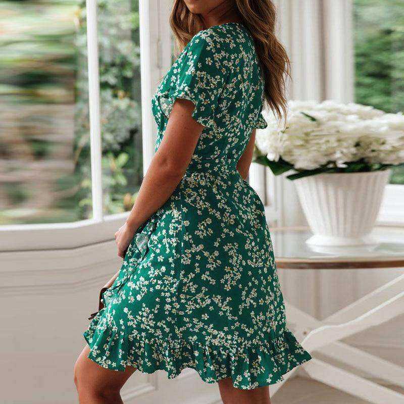 Sexy V Neck Floral Print Boho Beach Dress Ruffle Short Sleeve Sundress