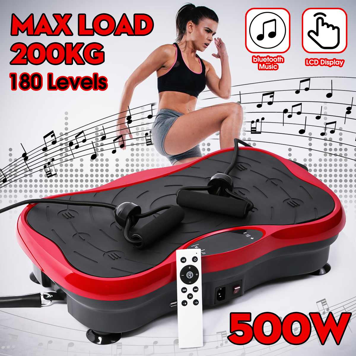 200KG/441LBS Exercise Fitness Vibration Machine Trainer Plate Platform with Resistance Bands 220V