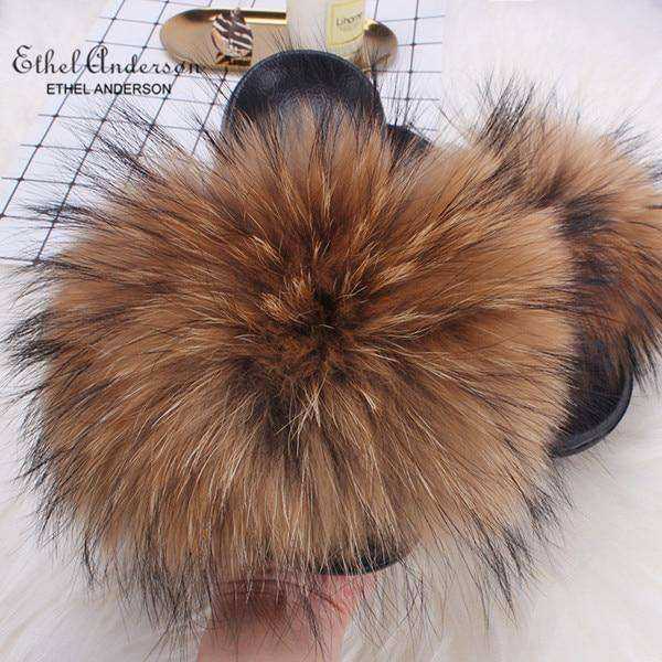 2020 Fox Raccoon Fur Slippers Lady Retro Flip Flops Summer