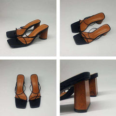 Wood Vintage Square Toe Narrow Band Women High Heel Sandals