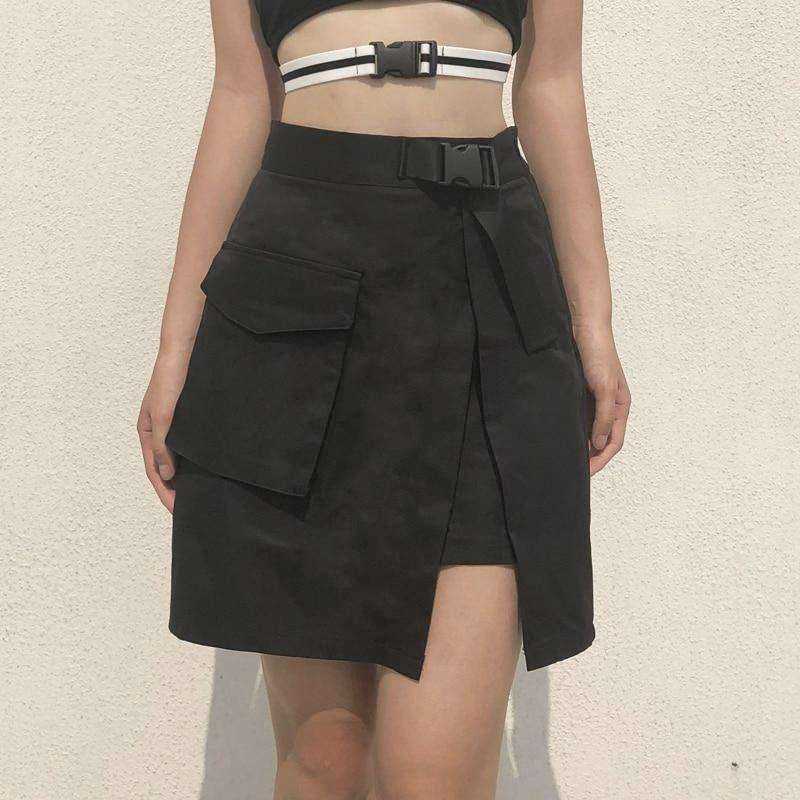 High Waist Belt Cargo Pocket Sexy Split Open Skirt