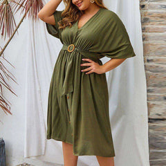 Women Autumn Plus Size 4XL V Neck Pure Color Full Sleeve Dress