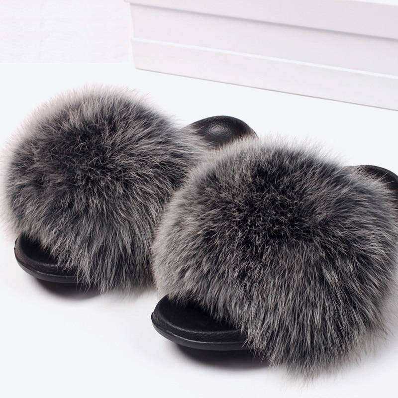 2020 Fox Raccoon Fur Slippers Lady Retro Flip Flops Summer