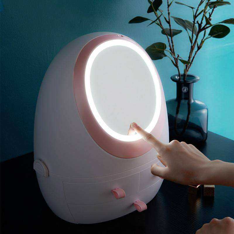 Aesthetic Portable Dustproof LED Light Makeup Mirror Organizer Box