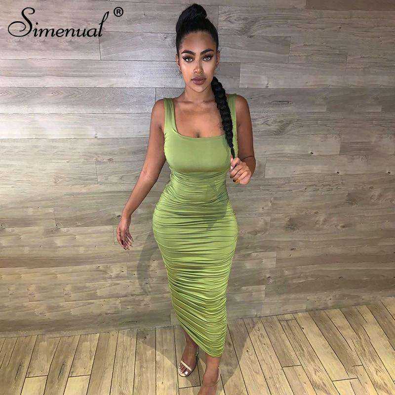 Women Fashion Ruched Sleeveless Skinny Hot Midi Dress