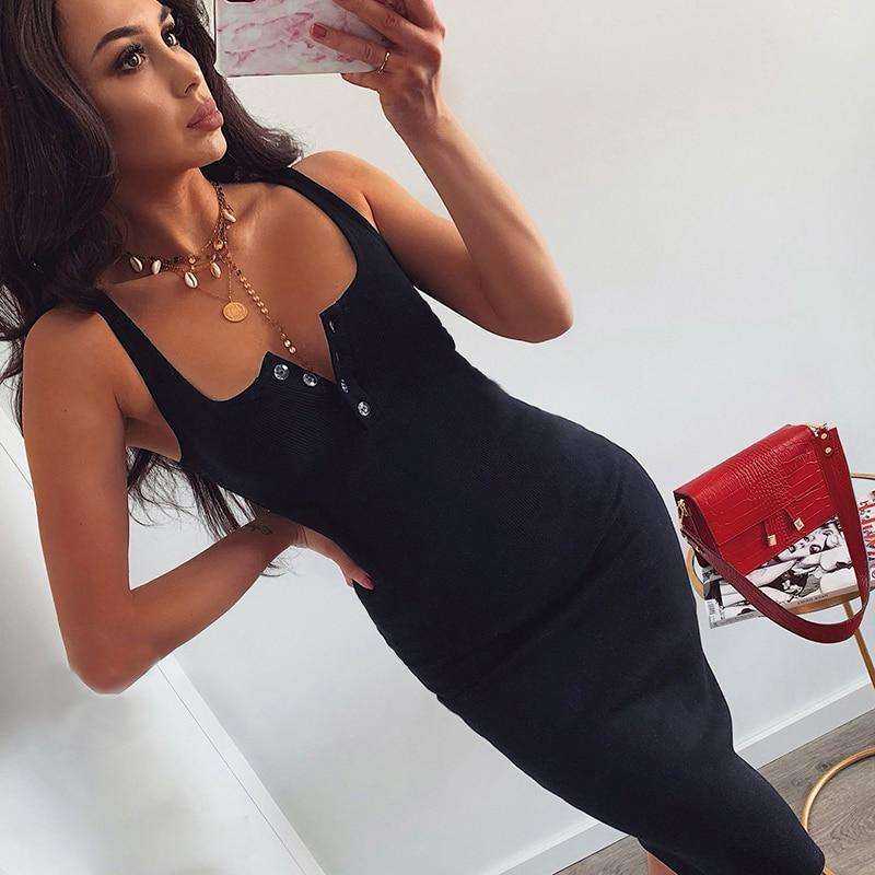 Knitted Elastic V-Neck Button Sleeveless Knee-Length Slim Dress